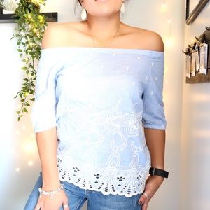 Talbots Petite Blue Scallop Hem Crochet Detail Top